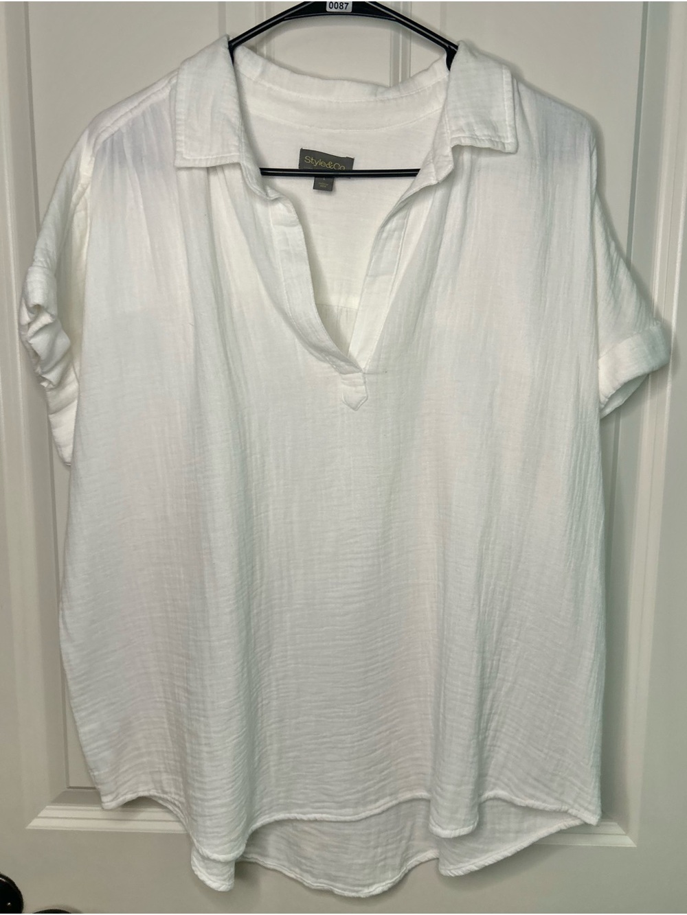 Style & Co. White Gauze Popover Top Split V-neckline fold over cuffs 100% Cotton